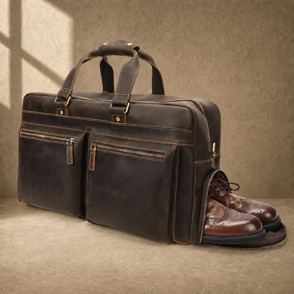 Deep coffee leather weekender duffle, shoe compartment view