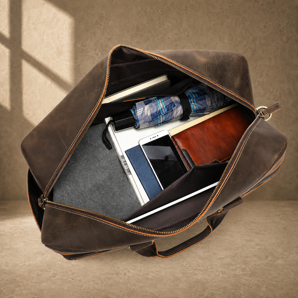 Deep coffee leather weekender duffle, packed main compartment