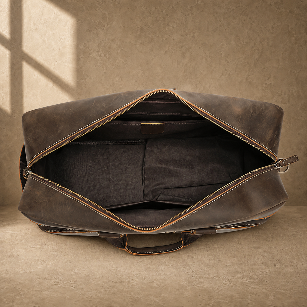 Deep coffee leather weekender duffle, empty interior organizer view