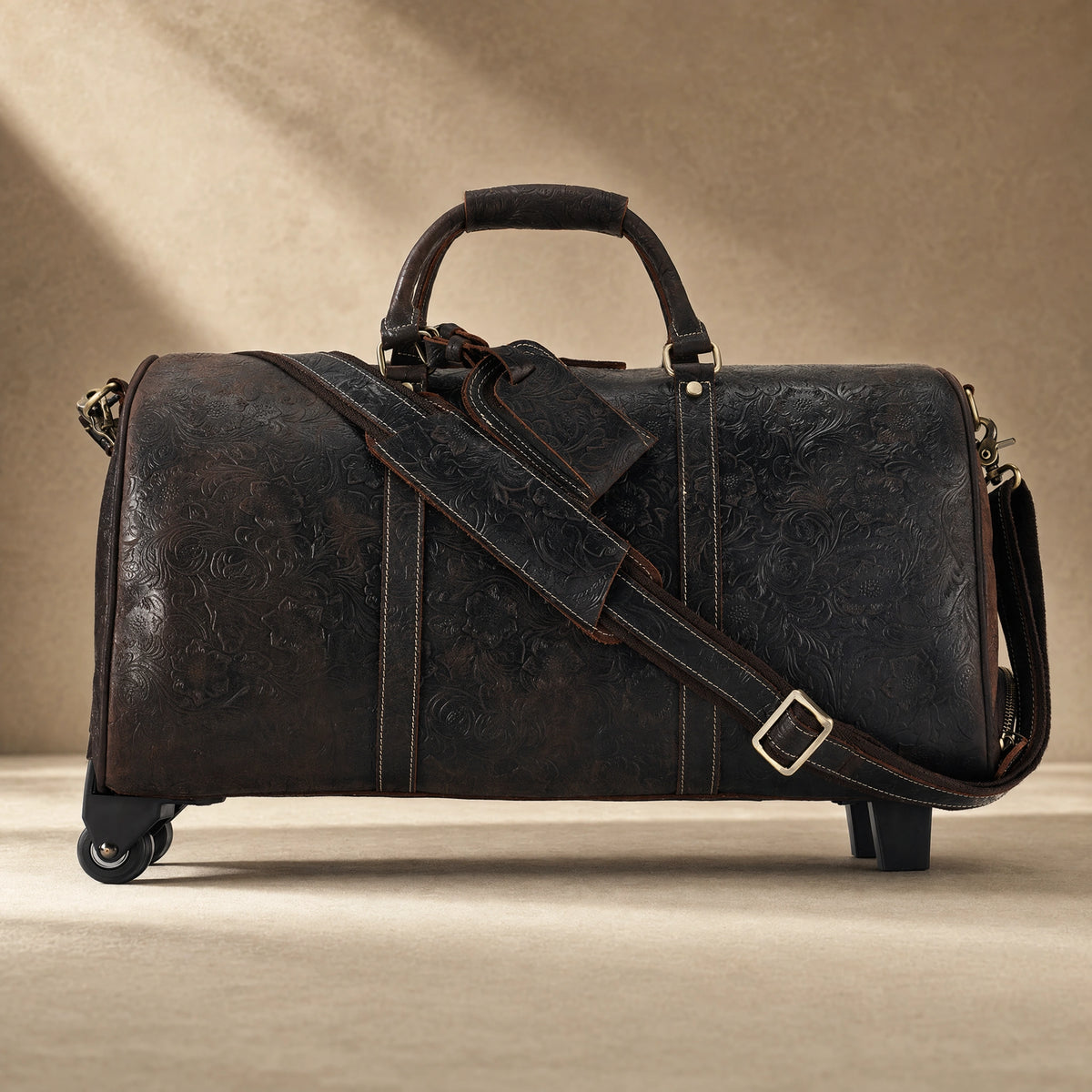 Brown Embossed Rolling Travel Duffle
