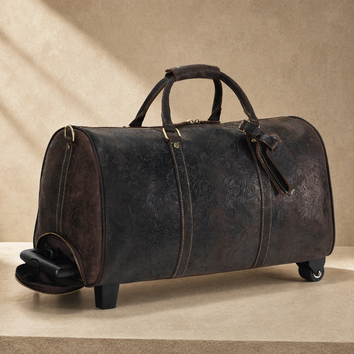 Brown Embossed Rolling Travel Duffle