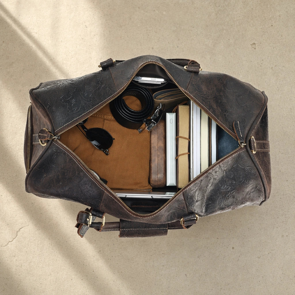Brown Embossed Rolling Travel Duffle