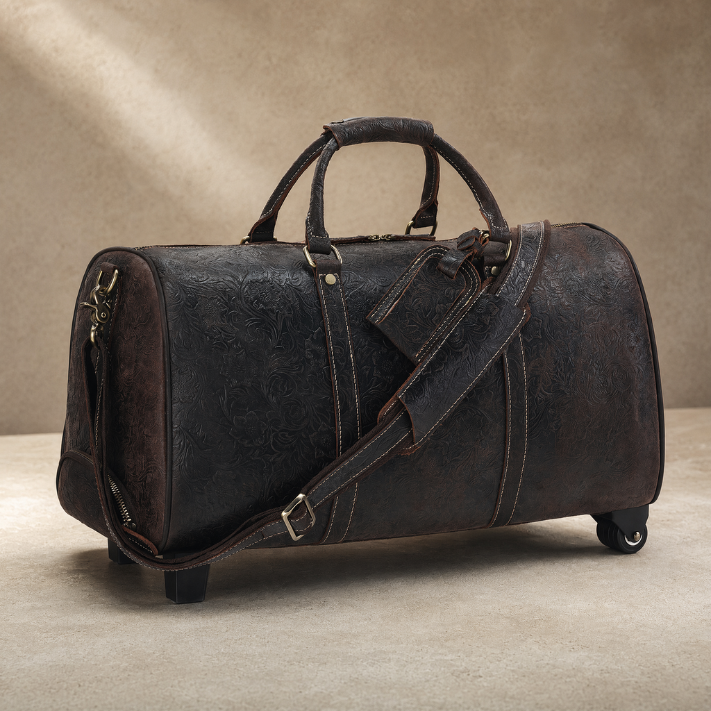 Brown Embossed Rolling Travel Duffle