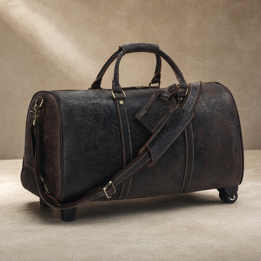 Brown Embossed Rolling Travel Duffle