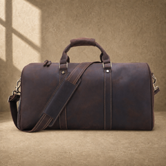 Rustic brown travel duffel with shoe pocket studio view