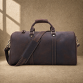 Rustic brown travel duffel with shoe pocket studio view