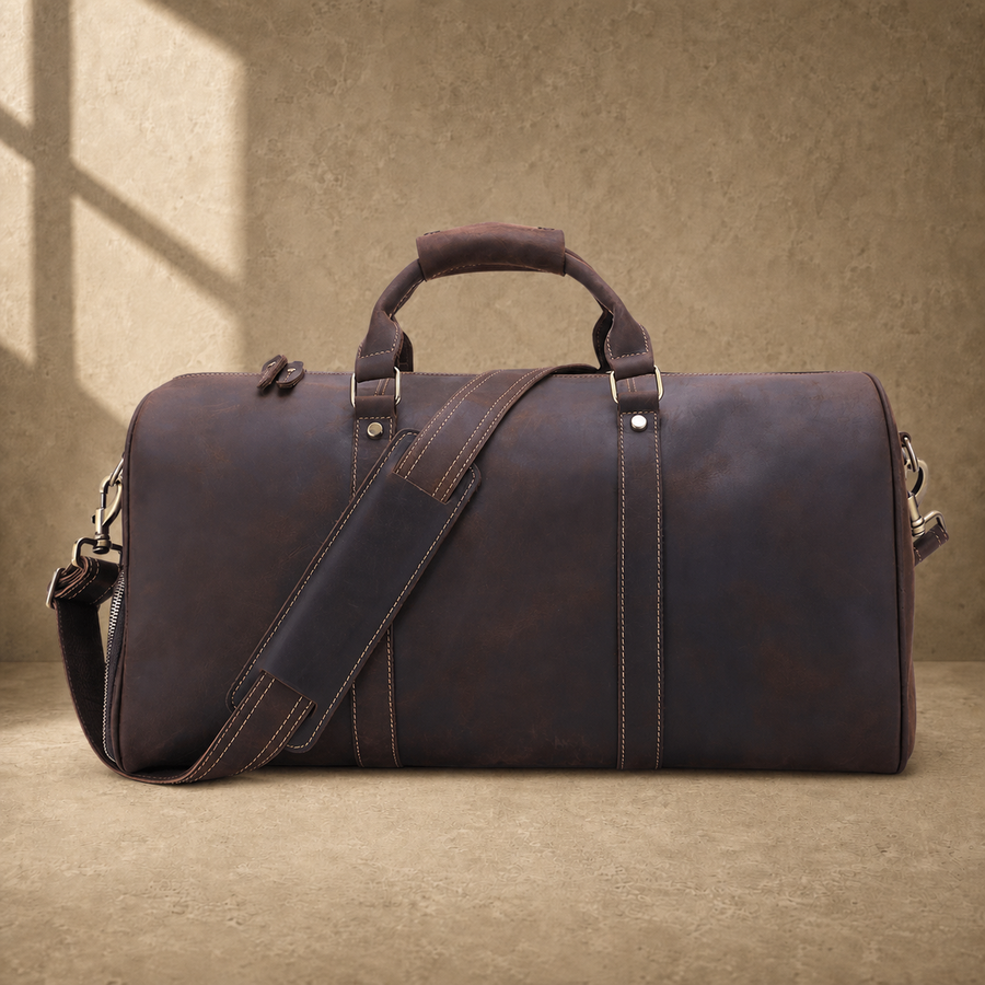 Rustic brown travel duffel with shoe pocket studio view