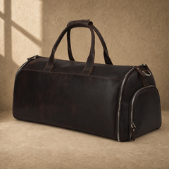 Deep coffee garment weekender duffel three-quarter view