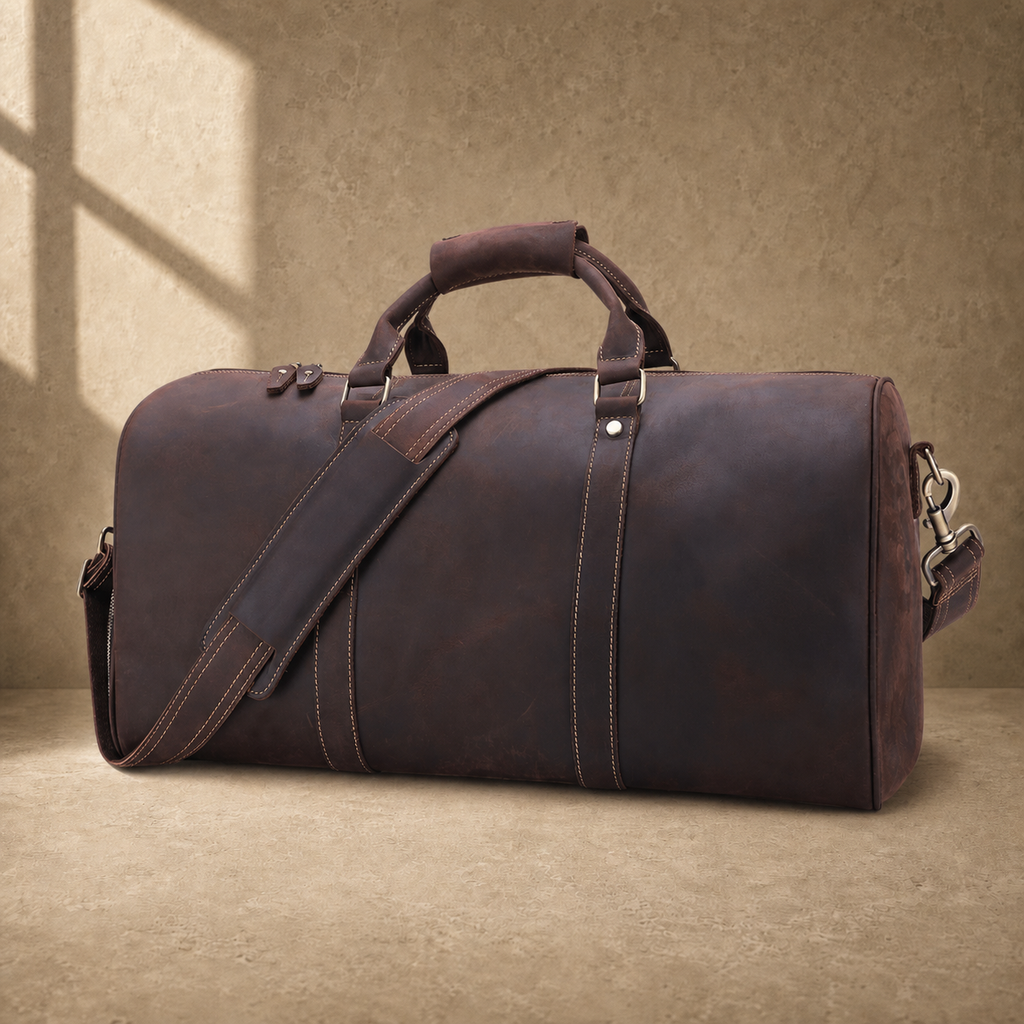 Rustic brown travel duffel three-quarter view