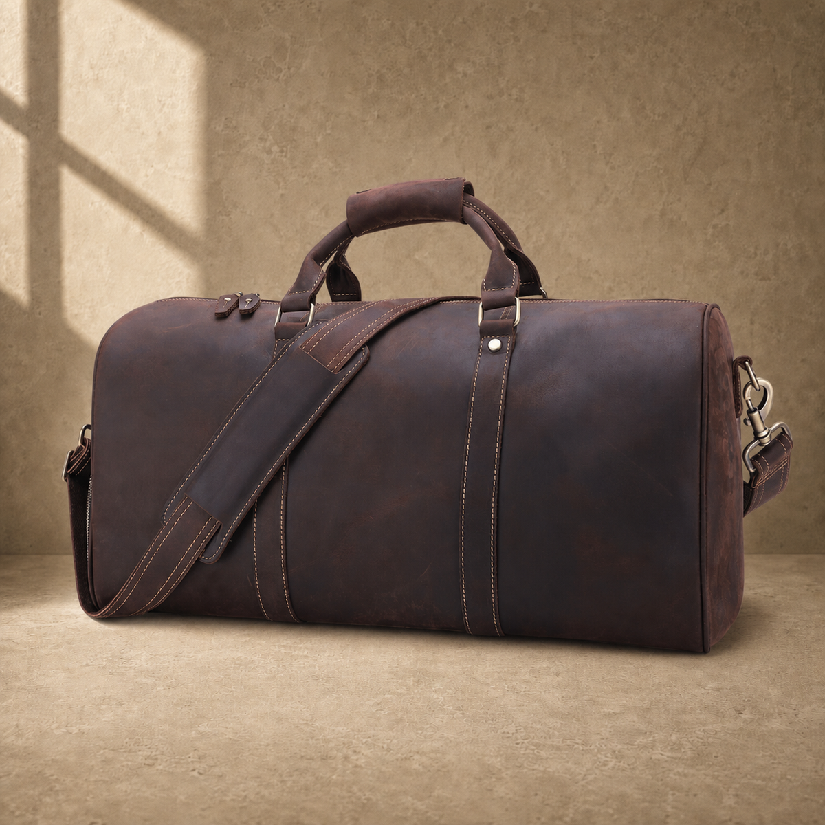 Rustic brown travel duffel three-quarter view