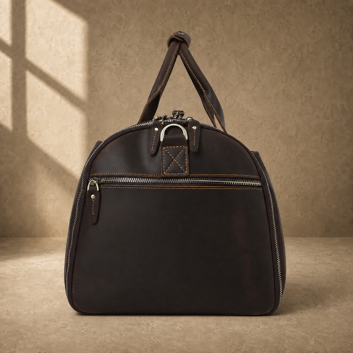 Deep coffee garment weekender duffel side view