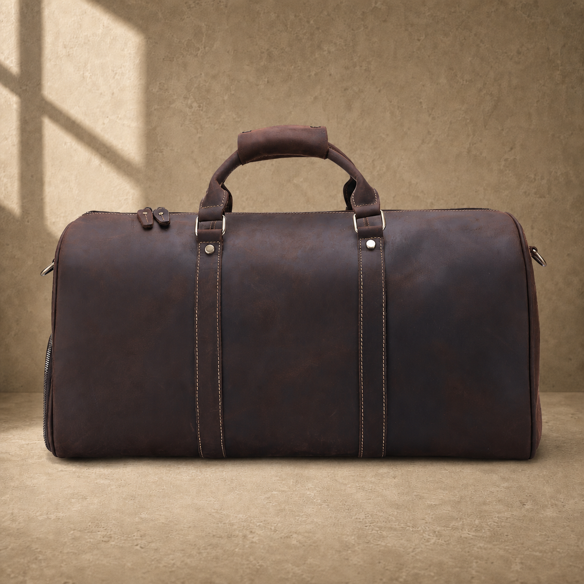 Rustic brown travel duffel rear view