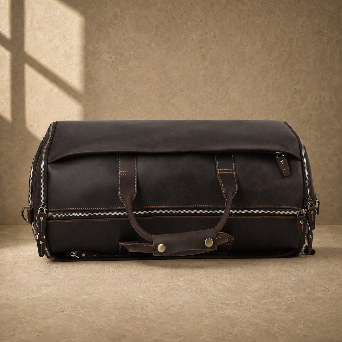 Deep coffee garment weekender duffel underside detail