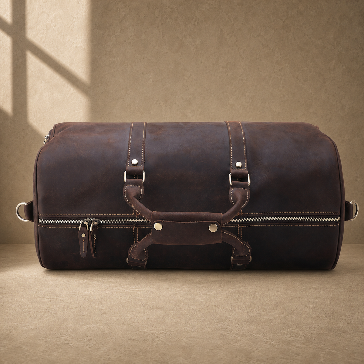 Rustic brown travel duffel base view