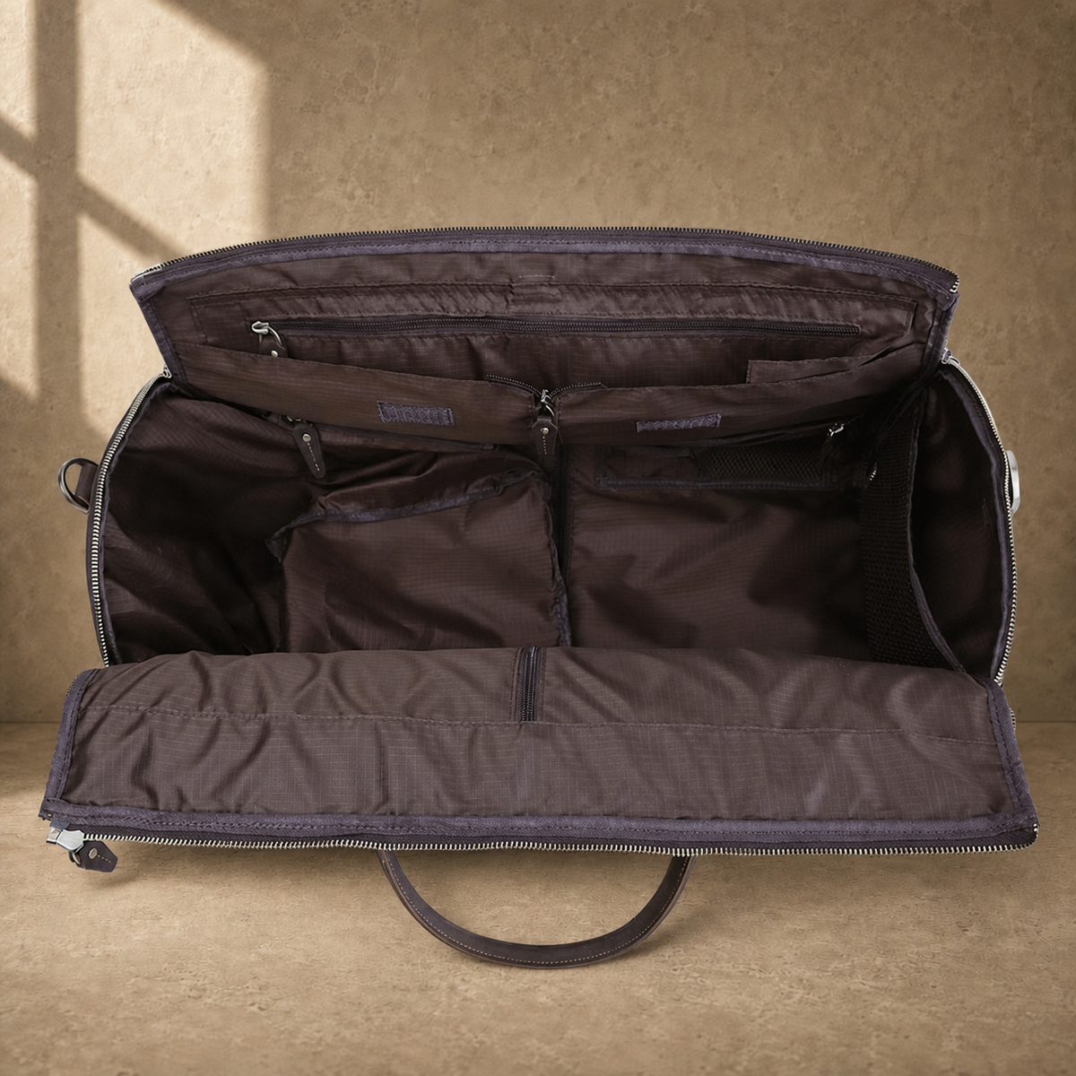 Deep coffee garment weekender duffel organized interior