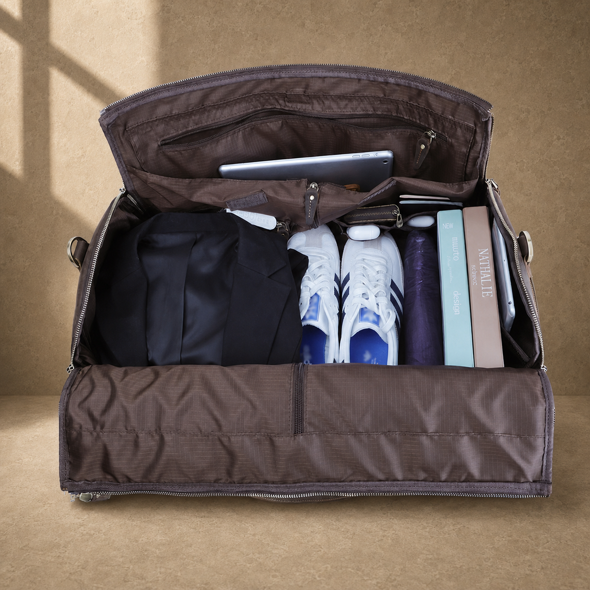Deep coffee garment weekender duffel packed capacity view