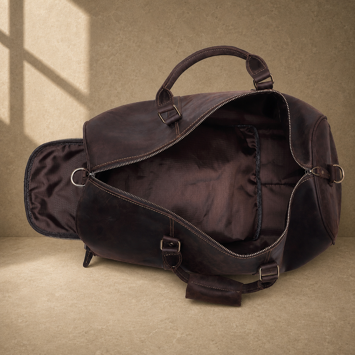 Rustic brown travel duffel packed interior