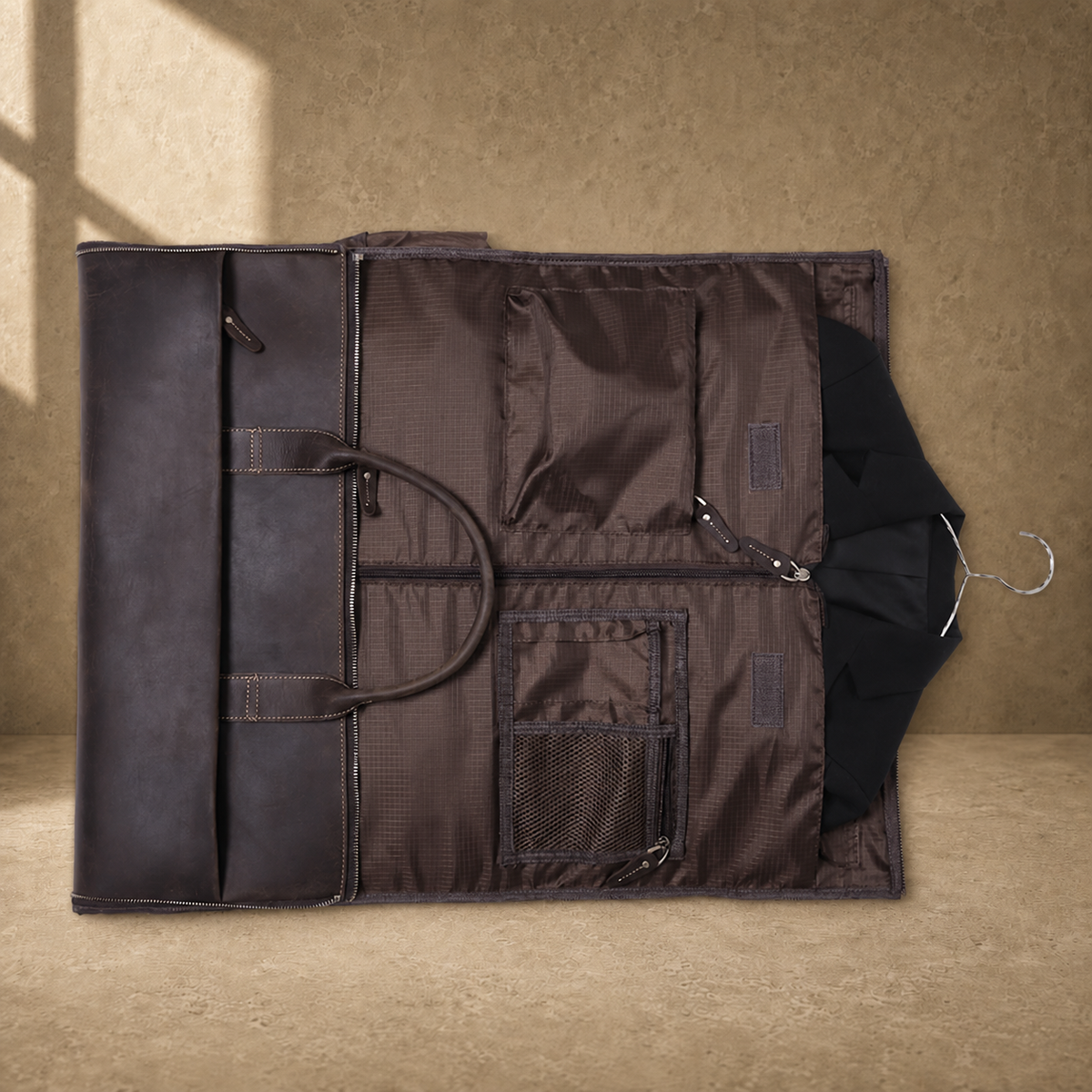 Deep coffee garment weekender duffel garment compartment