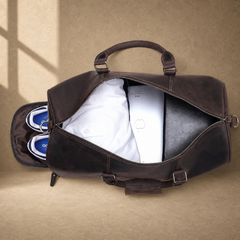 Rustic brown travel duffel shoe compartment