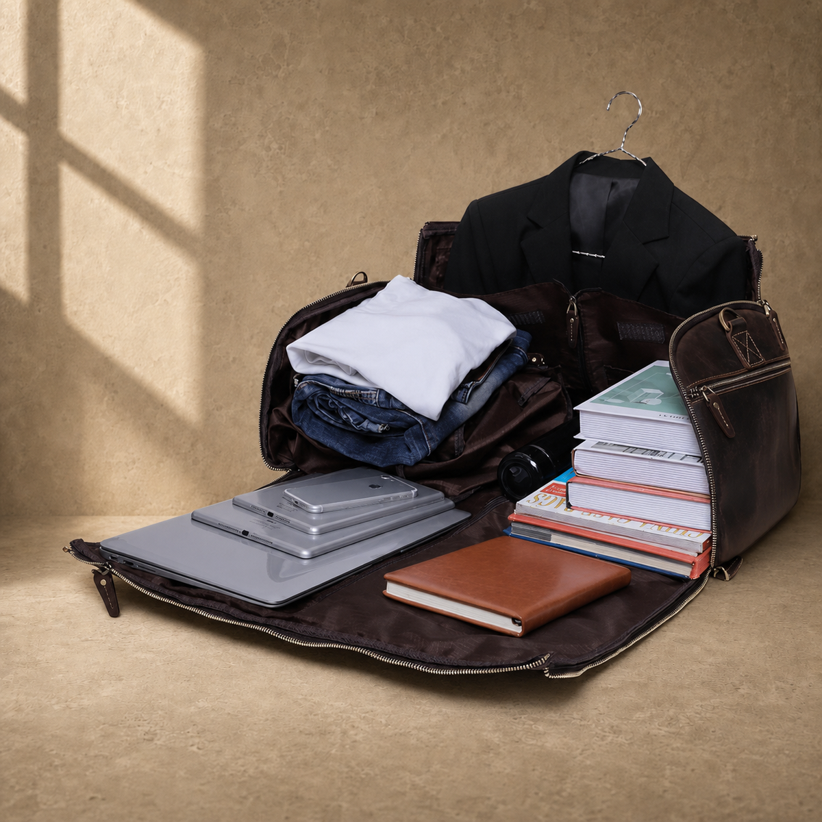 Deep coffee garment weekender duffel open travel view