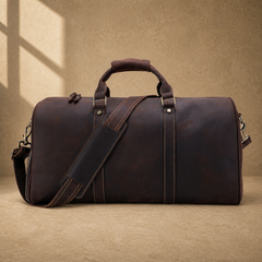 Rustic brown travel duffel shoe storage detail
