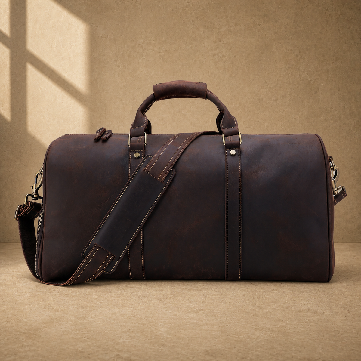 Rustic brown travel duffel shoe storage detail