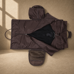 Deep coffee garment weekender duffel front profile