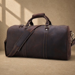 Rustic brown travel duffel exterior profile