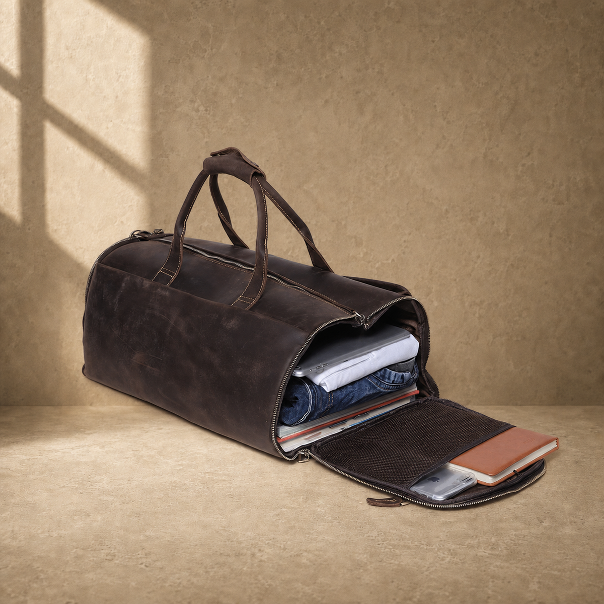 Deep coffee garment weekender duffel rear profile